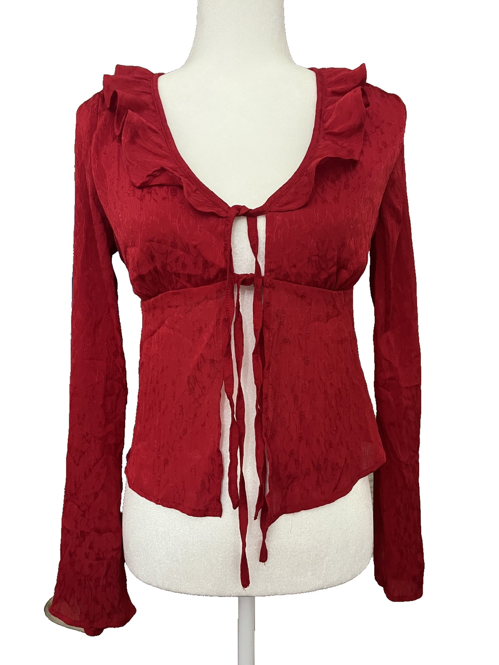 Women's No Boundaries Size XS (0-2) Red Front Tie Chic Blouse Glam Floral Print